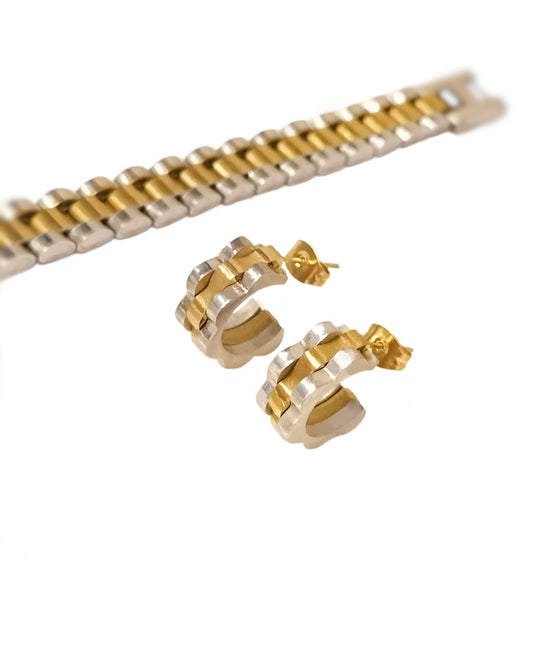 Presidente Rolex Style Earrings Mix Gold&Silver Duotone