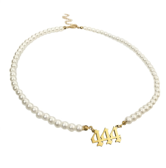 Angel Number 444 Pearl Necklace Gold
