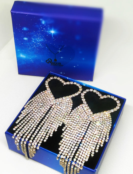 Heart Strass Party Earrings Silver