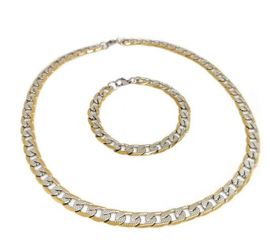 Cuban Gold And Silver Duotone Jewellery Set 18K Goldplated Stainless Steel