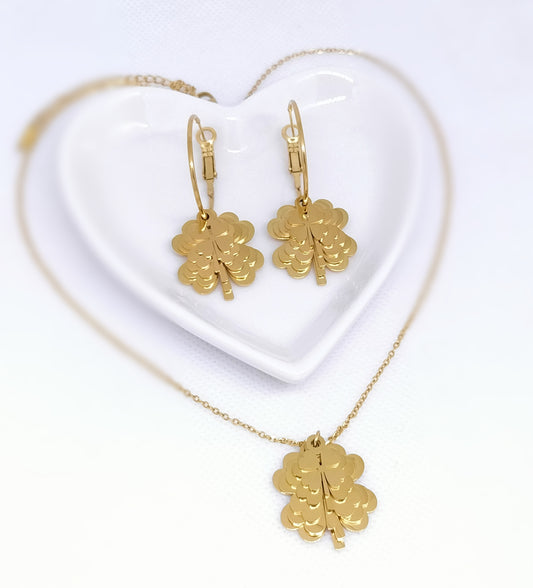 Clovers 5 Layers Necklace & Earrings Set 316L Stainless Steel Gold