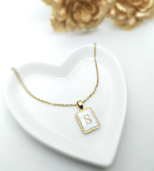 Initial S Letter Necklace white/Gold Stainless Steel 18K Goldplated