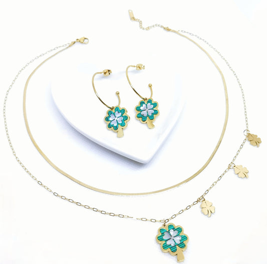 Clover Necklace and Earrings Set Green Gold 316L Stainless Steel